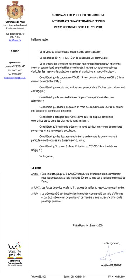 Arrêté de police Coronavirus