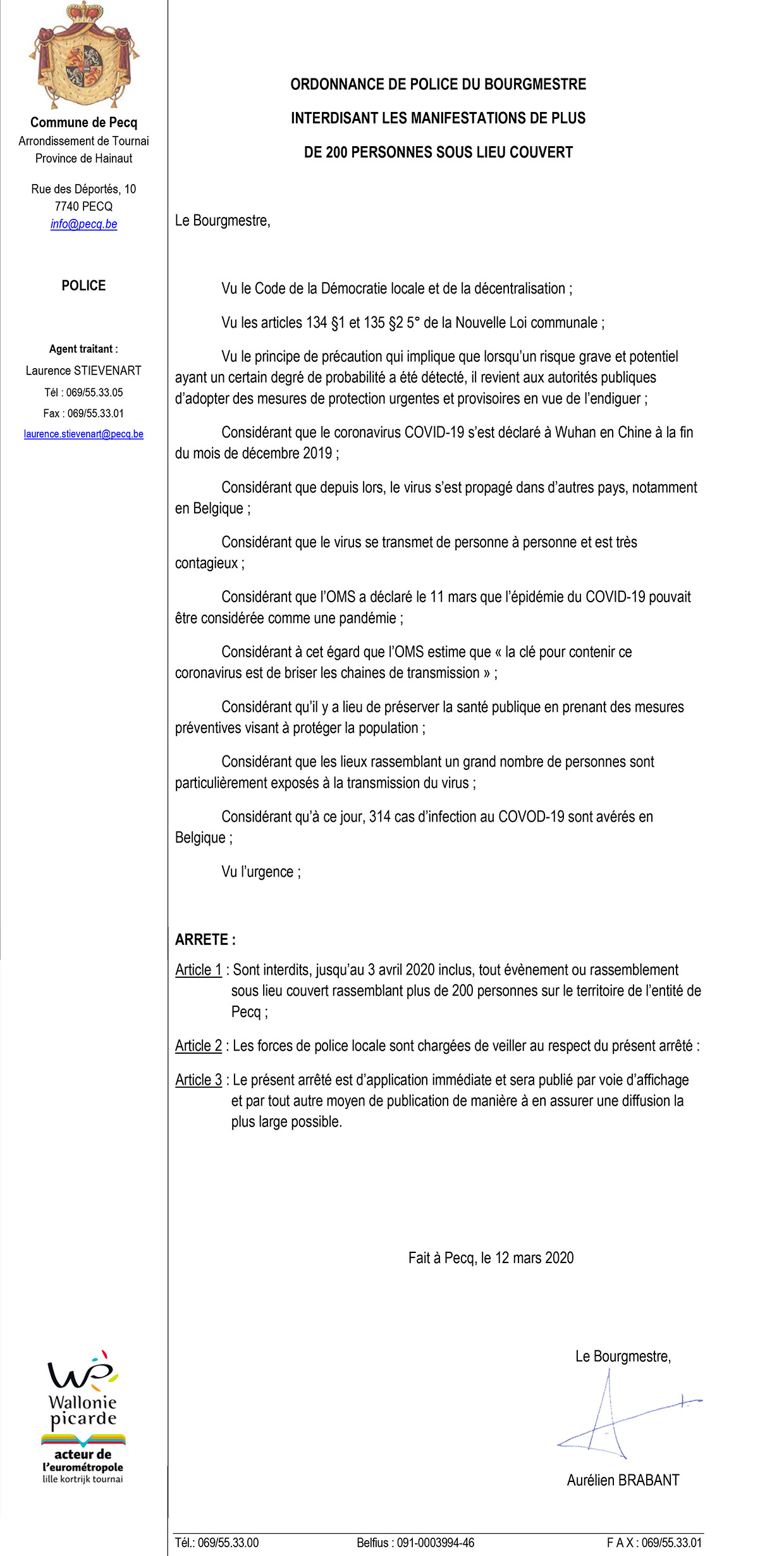 Arrêté de police Coronavirus